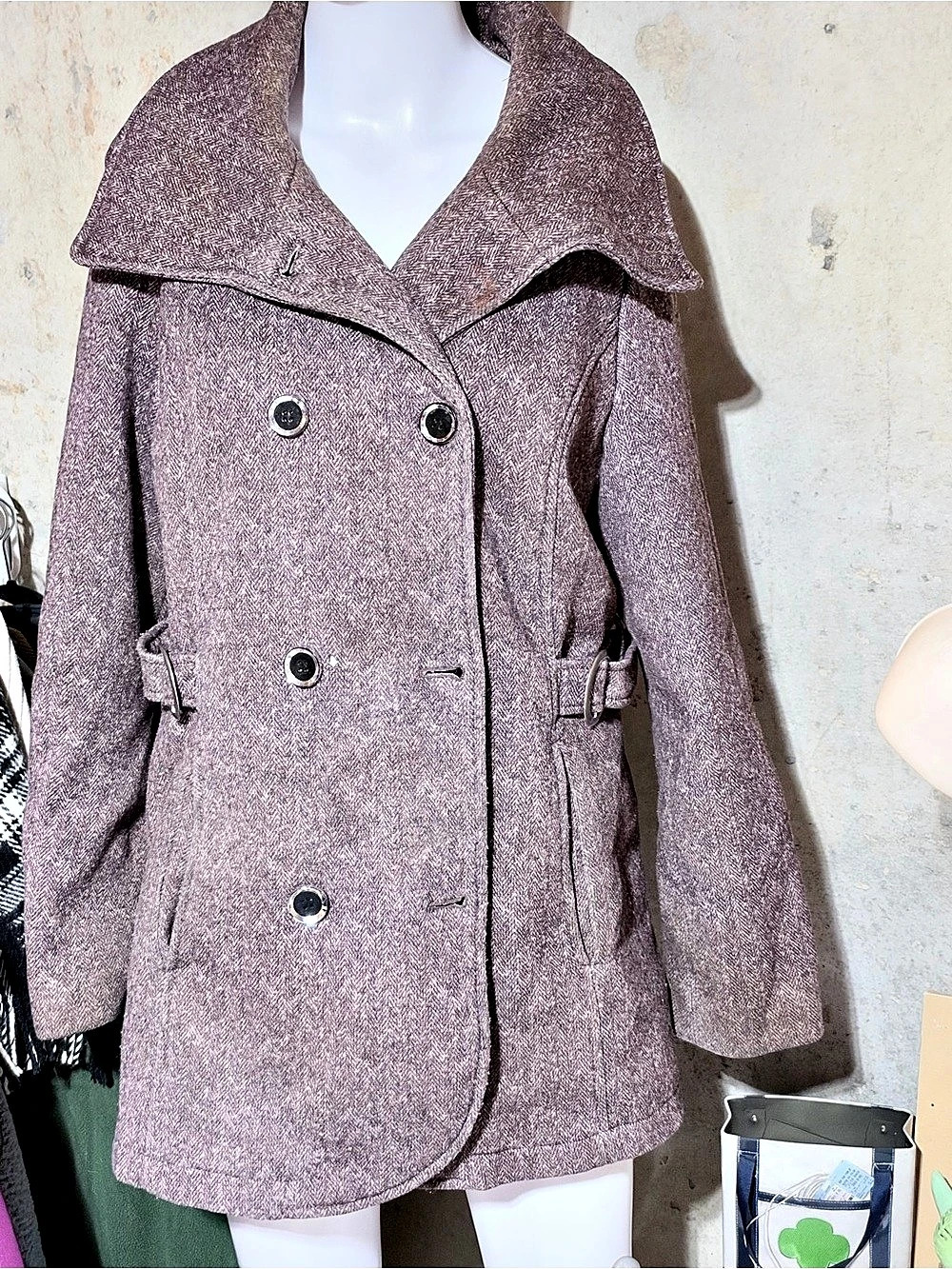 AllSaints Houndstooth Hooded Pea Coat in Brown Size Medium